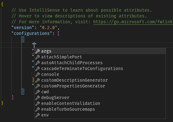 Valid configuration options suggested by IntelliSense